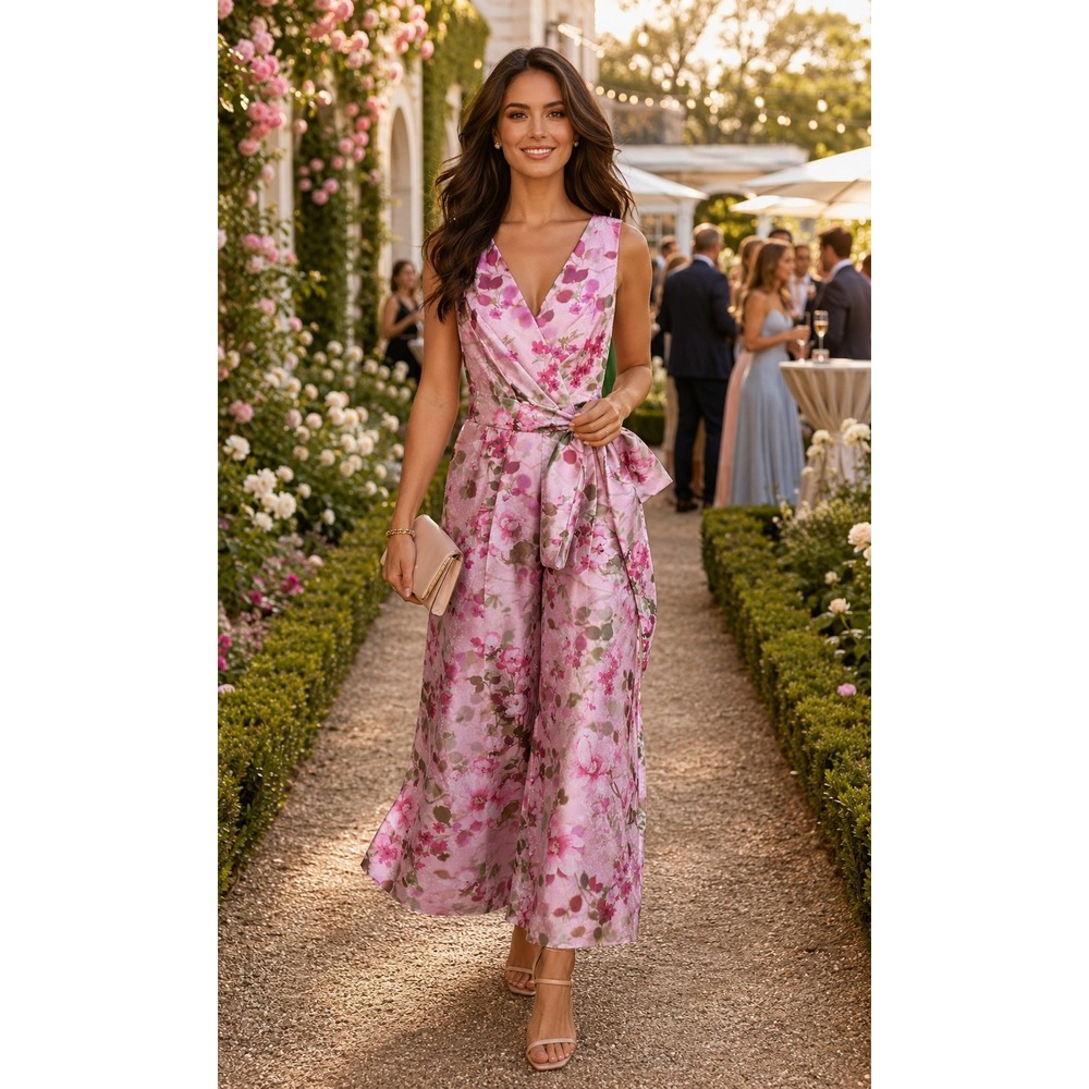 Adrianna Papell Pink Floral Wide Leg Jumpsuit Belted NWT Sample Size 4